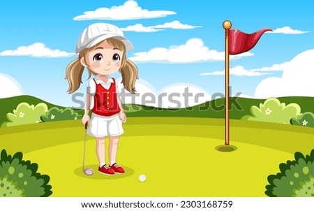 Girl playing golf at golf course outdoor illustration