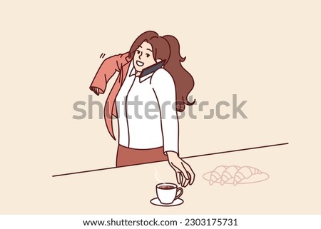 Busy woman makes business phone call having breakfast and puts on jacket hurrying to work. Busy businesswoman in hurry talking on phone and drinking coffee to get job done without breaking deadlines Royalty-Free Stock Photo #2303175731