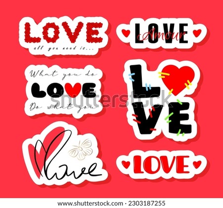 Love word sticker set. Cute vector notebook label, valentine's day clip art. Romantic quote collection.