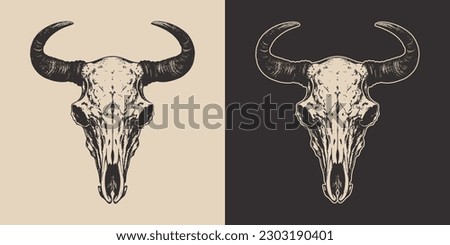 Set of vintage retro scary spooky cow bull skull head skeleton. Cowboy Native American. Can be used like emblem, logo, poster or print. Monochrome Graphic Art. Vector. Hand drawn element in engravin