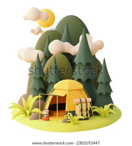 Vector camping tent in the forest. Campsite, pine trees and mountains with clouds. Gas stove or cooker, tent, backpack. Tourist cooking food on fire. Camping adventures Royalty-Free Stock Photo #2303192447
