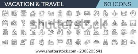 Set of 60 line icons related to vacation, recreation, leisure, travel, entertainment. Outline icon collection. Editable stroke. Vector illustration Royalty-Free Stock Photo #2303205641