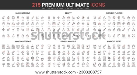 Beauty, sport exercises for healthy modern lifestyle thin line red black icons set vector illustration. Abstract symbols planner food diet, sport and leisure simple design for mobile and web apps