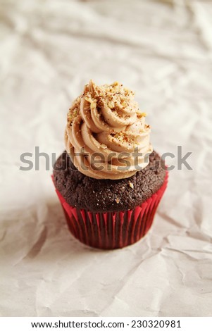 Chocolate cupcake with coffee icing hazelnut sprinkles with clear space