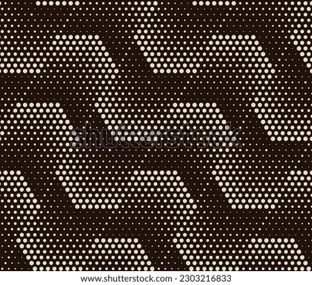 Vector pattern of hexagons and dots of different diameters on a dark background, geometric background, there are seamless fragments under the clipping mask.