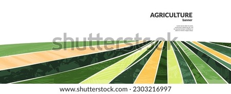 Agriculture farm green banner. Organic abstract field background. Wavy green lines, advertising backdrop, web header. Ecology wallpaper. Striped textured pattern. Panoramic meadow view, abstract hill Royalty-Free Stock Photo #2303216997
