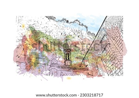Building view with landmark of  Rocamadour is the commune in France. Watercolor splash with hand drawn sketch illustration in vector.