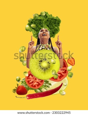 Happy, smiling, healthy woman following healthy lifestyle and diet over bright yellow background with fruits and vegetables. Contemporary art collage. Concept of food, creativity. Modern design