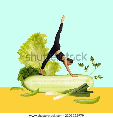 Slim, sportive, young girl doing stretching over lettuce and cucumber on mint color background. Contemporary art collage. Concept of food, sport, healthy eating, diet, creativity. Modern design