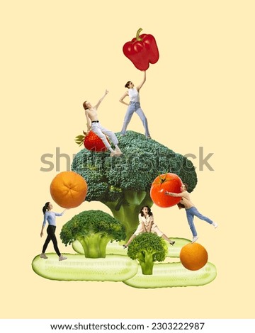 Young people around healthy food,broccoli, red pepper, citrus, tomatoes. Eating fruits and vegetables. Contemporary art collage. Concept of food, health care, diet, creativity. Modern design