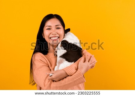 Cute Asian woman with his chihuahua chihuahua dog lover The happiness of a girl who loves his dog The love of people and cute dogs photo shoot in orange studio