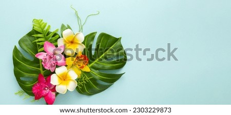 Summer background with tropical orchid flowers and green tropical palm leaves on light background. Flat lay, top view. Summer party backdrop Royalty-Free Stock Photo #2303229873