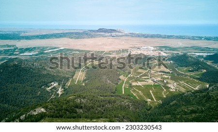 Breathtaking aerial view of vineyards and mountains with ocean, town, and forest. Panoramic nature's beauty at its finest.