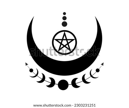 Mystical Moon Phases and Wicca pentacle. Sacred geometry. Logo, crescent moon, half moon pagan Wiccan goddess symbol, energy circle, boho style vector isolated on white background Royalty-Free Stock Photo #2303231251