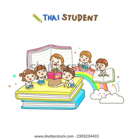 Cartoon Thai Students reading character.