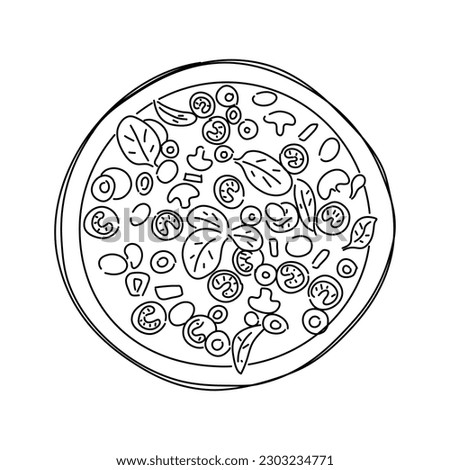 Round pizza with cheese, tomatoes, olives and vegetables. Hand drawn vector illustration.