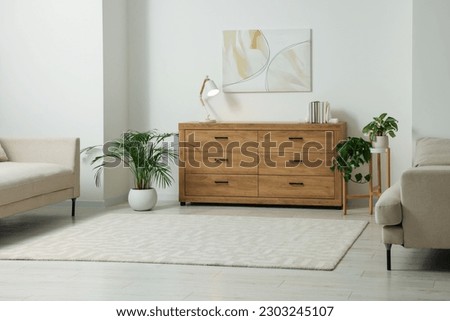 Stylish living room with wooden chest of drawers, sofas and potted plants. Interior design