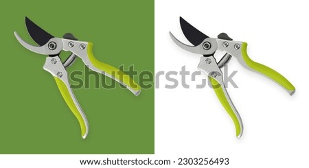 Gardening tool equipment. Single steel garden scissor with green plastic grip for pruned or plants, and flowers garden work. Pruning of vineyard or fruit tree. Top view isolated on white background Royalty-Free Stock Photo #2303256493