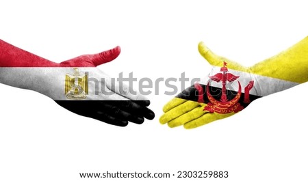 Handshake between Brunei and Egypt flags painted on hands, isolated transparent image.