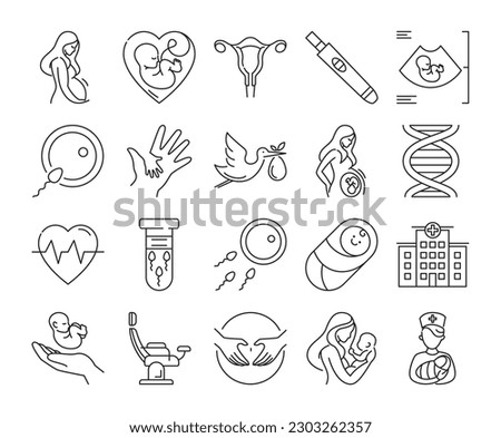 Pregnancy icon set vector isolated. Collection of line symbols, female person adn newborn. Pregnancy test, embryo in ultrasound. Sperm in test tube, mother touching bell and chair for gynecology. Royalty-Free Stock Photo #2303262357