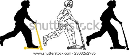 Silhouette icon of young trendy boy with a backpack travel on a kick scooter bike, isolated against white. Vector illustration.