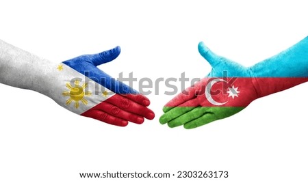 Handshake between Azerbaijan and Philippines flags painted on hands, isolated transparent image.