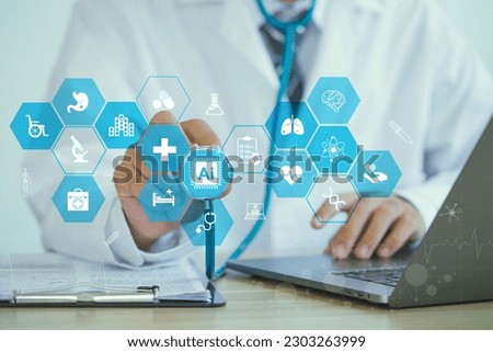 Medical technology, Doctors with stethoscopes, and Ai icon medical AI technology is utilized by doctors for diagnosing increasing the accuracy of patient treatments. Future of Healthcare. Royalty-Free Stock Photo #2303263999