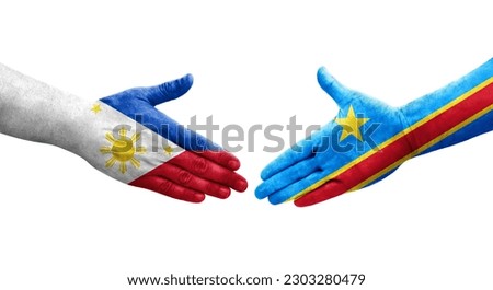 Handshake between Dr Congo and Philippines flags painted on hands, isolated transparent image.
