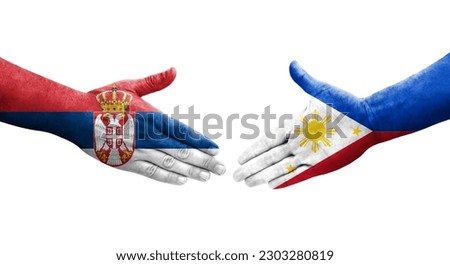 Handshake between Philippines and Serbia flags painted on hands, isolated transparent image.