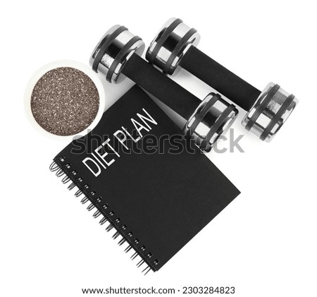 Dumbbells, notebook with phrase Diet Plan and seeds of chia isolated on white, top view. Weight loss concept