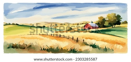 Farm on a hill with yellow or golden wheat field in a watercolor style, agriculture, cultivation, countryside, field, countryside, vector illustration banner with copy space Royalty-Free Stock Photo #2303285587