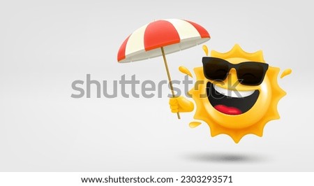 Happy sun emoji with umbrella in a hand. 3d vector banner with copy space