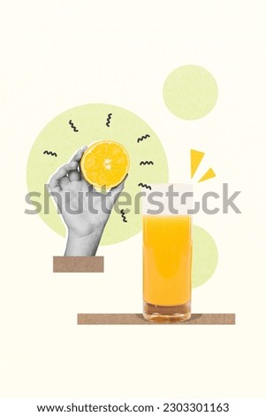 Sketch collage picture advert natural fruit orange slice squeezing glass beverage summertime refreshing isolated on green background