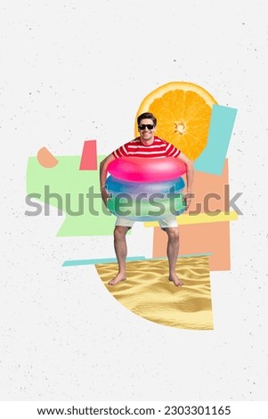 Photo collage artwork minimal picture of funky cool guy enjoying summer vacation isolated creative background