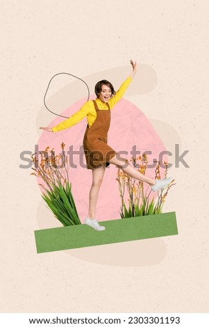 Photo cartoon comics collage picture of smiling excited lady walking flower garden isolated creative background