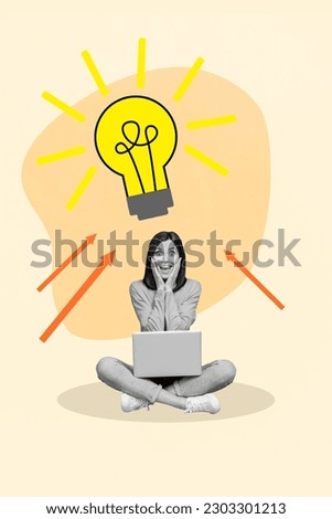 Vertical collage picture of black white colors excited astonished girl use netbook arrows indicate huge light bulb isolated on painted background