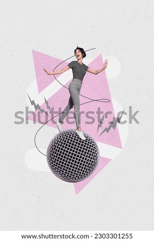 Cartoon comics sketch collage picture of excited smiling lady walking microphone disco ball isolated creative background