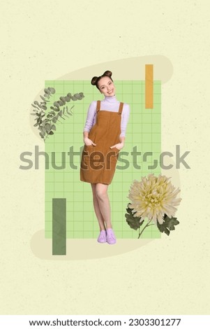 Photo cartoon comics sketch collage picture of happy smiling lady enjoying flower blossom isolated green color background
