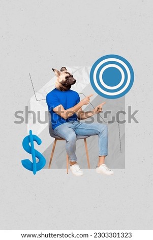 Creative 3d photo artwork collage painting of guy hyena instead head pointing target isolated grey color background