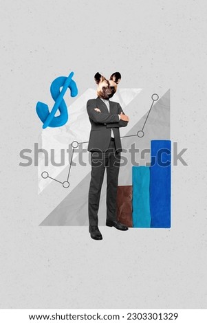 Vertical collage creative illustration photo of headless successful man bear head standing hands folded isolated grey color background