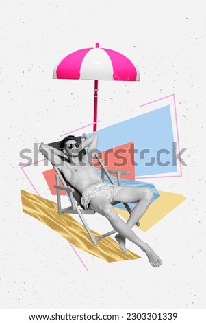 Vertical collage picture of black white effect positive carefree guy recreating lounger sun umbrella sand beach water isolated on creative background