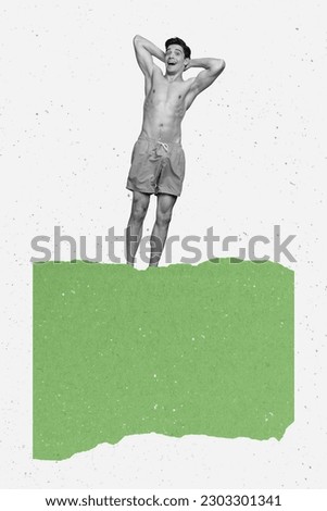 Vertical collage picture of excited positive black white gamma guy hands behind head swim shorts isolated on creative white background