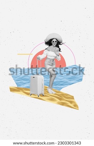 Vertical collage picture of cheerful astonished black white colors girl hold suitcase stand sand beach sea water isolated on white background
