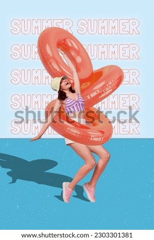 Photo collage artwork minimal picture of excited lady dancing inside beach swimming circles isolated creative background