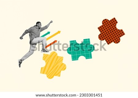 Photo banner motivation collage of young sportsman running incomplete puzzles reaching achievement challenge isolated on beige background Royalty-Free Stock Photo #2303301451