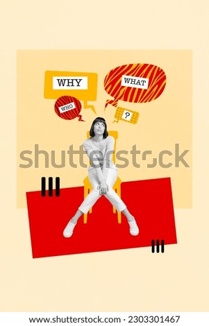 Composite picture collage of young stressed girl sitting chair questioned bad mood uncertain dont know answer isolated on drawn background