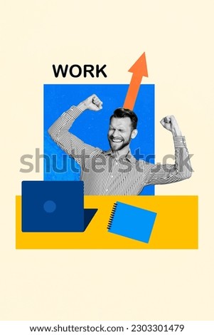 Creative photo picture composite collage of young businessman fists up hooray workaholic best monthly revenue isolated on blue background