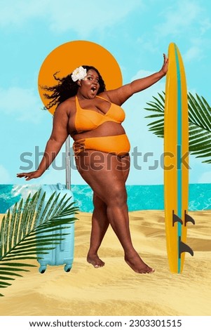Artwork magazine collage picture of funny chubby lady enjoying wave surfing isolated drawing background