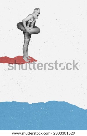 Creative abstract template graphics collage image of excited funky senior guy jumping water isolated white color background