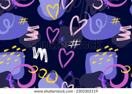 Abstract seamless pattern with hand drawn hearts on dark blue background.